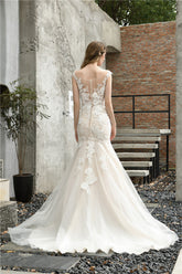 Mermaid Bateau Ivory Wedding Dress with White Lace